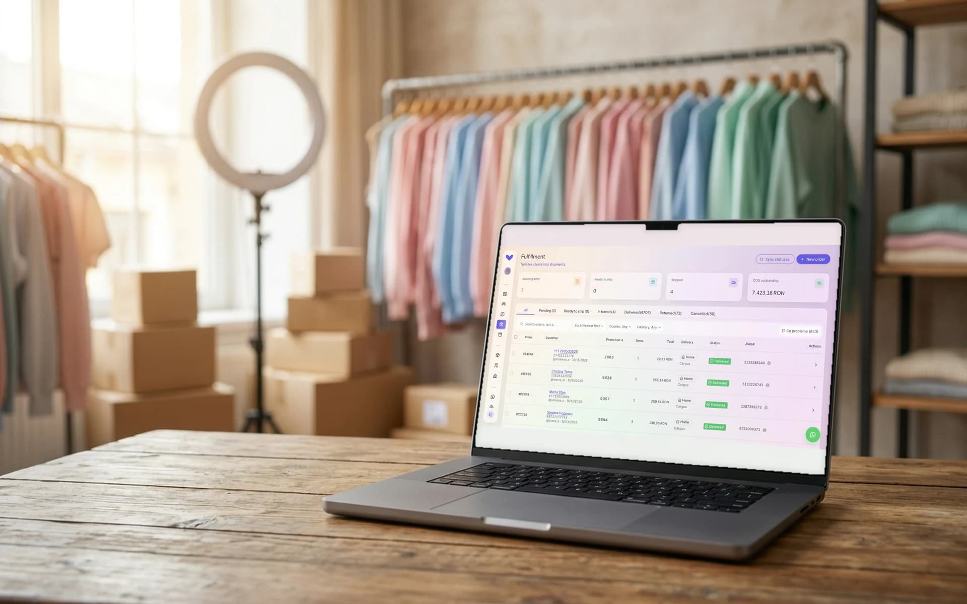 LiveSell, lista de comenzi de livrat, pe laptop într-un depozit de haine